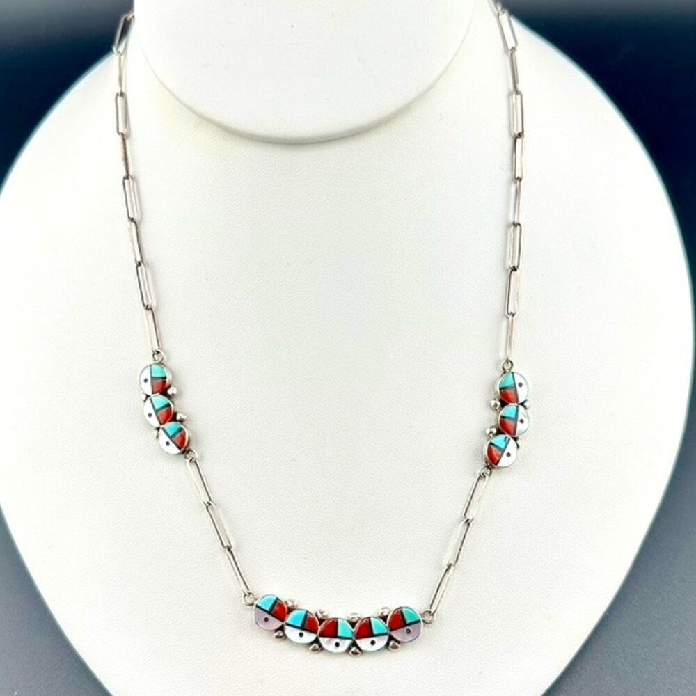 Vintage Zuni Sunface Sterling Silver Turquoise Inlay Sun Face Necklace